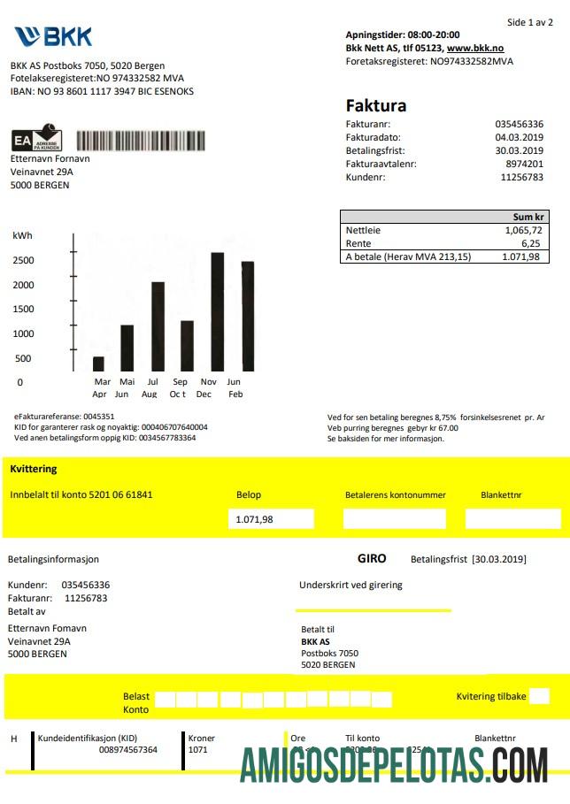 realista Modelo de conta de serviços públicos de eletricidade da Noruega BKK em formato Word e PDF, bom para comprovação de endereço